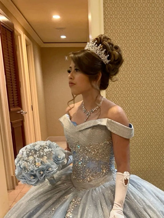 A Line Light Blue Off The Shoulder Quinceanera Dress Ball Gown