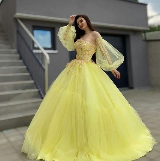 A line Tulle Long Prom Dress Yellow Ball Gown Evening Dress