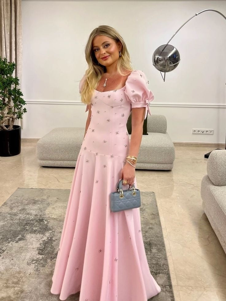 Pink Elegant Short Sleeves Prom Dress Evening Gown