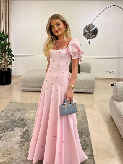 Pink Elegant Short Sleeves Prom Dress Evening Gown