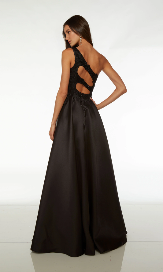 Lace One Shoulder Collar A-line Evening Dress Back Hollow High slit Long Formal Dress