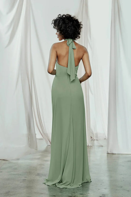 halter neckline off shoulder sleeveless backless and floor length evening dress