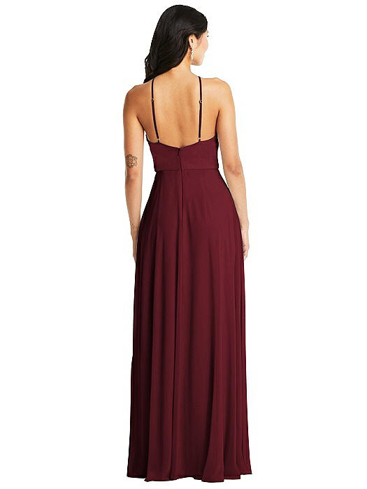 halter neck off shoulder sleeveless backless side slit and floor length Prom dress
