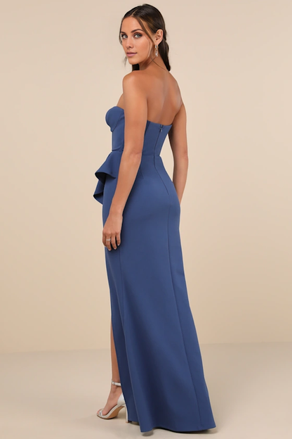 off shoulder collar sleeveless strapless backless side slit and floor length evening dress