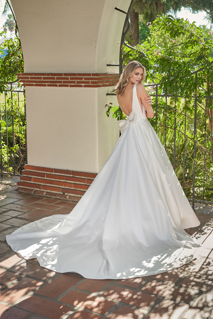 A-line satin square neck bow and floor length wedding dress