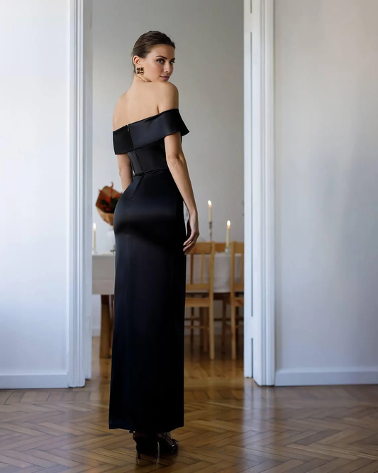 - Off Shoulder Collar Satin Sleeveless Back and Floor length Prom Dress