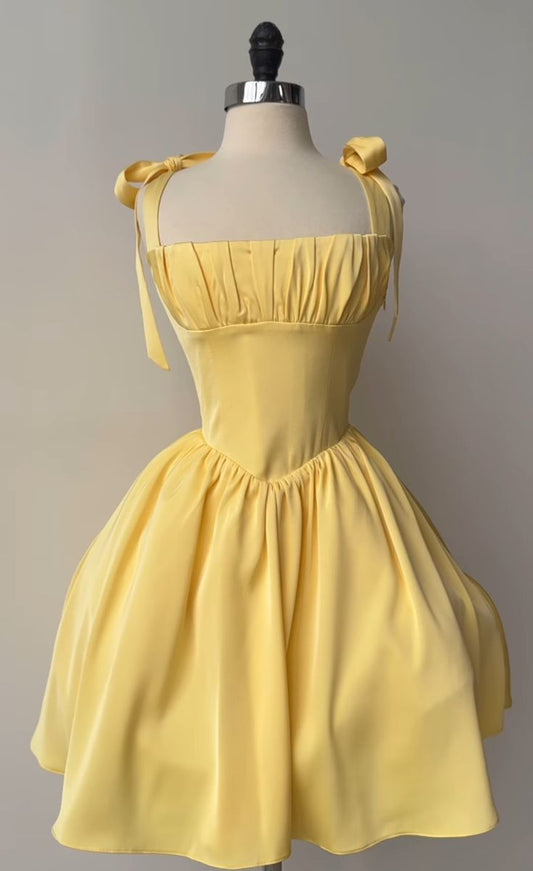 A Line Homecoming Dresses Yellow Bow Strap Prom Cocktail Party Gown