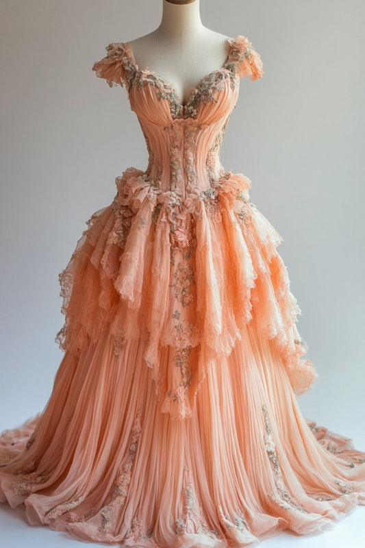 A Line Ball Gown Elegant Evening Gowns Tulle Long Prom Dress     S7222