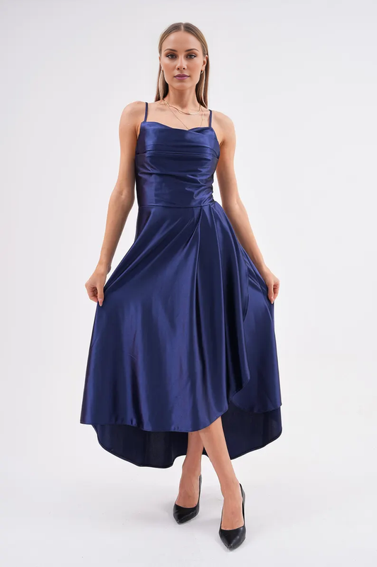 - satin pleated thin shoulder strap backless long Prom dress