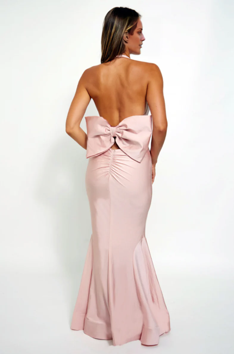 halter neckline off shoulder sleeveless backless and floor length evening dress