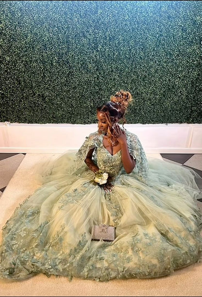 Green Quinceanera Dresses For Sweet 16 Girls Appliques Princess Ball Gowns Tull 15 Vestidos