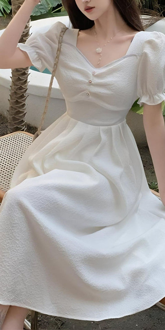 A Line White Short Sleeves Evening Gowns Party Prom Dress