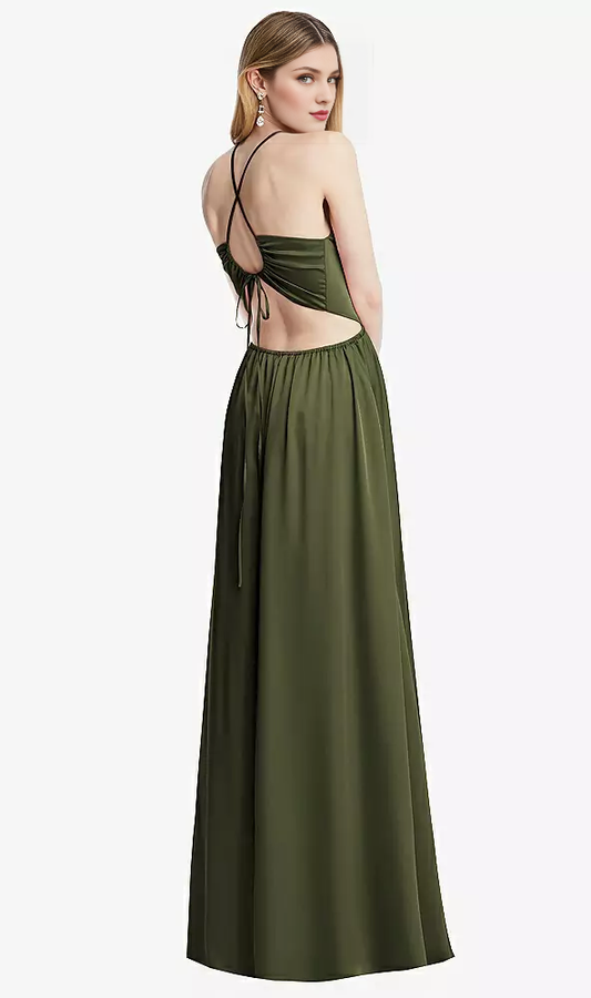 Hanging neck cross strap pleated back strap hollowed out long Prom dress
