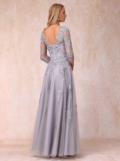 A-line princess transparent collar half sleeve long style adorned with bead and decal mother of the bride dress