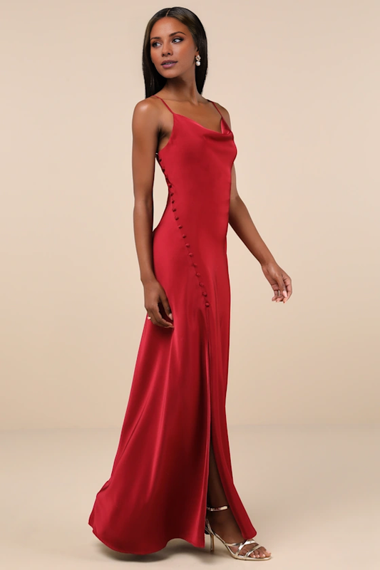 hanging neckline sleeveless thin shoulder strap backless side slit and floor length evening dress
