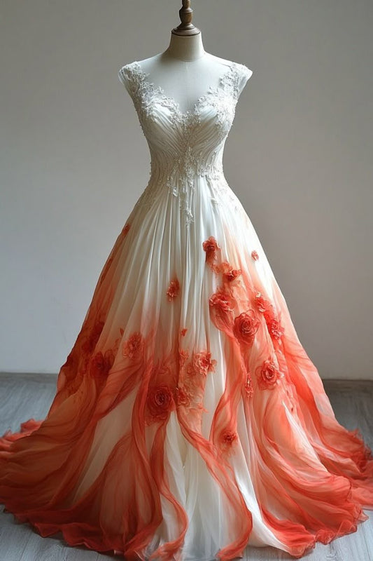 A Line Ombre V Neck Long Wedding Dresses Long Bridal Gown      S7163