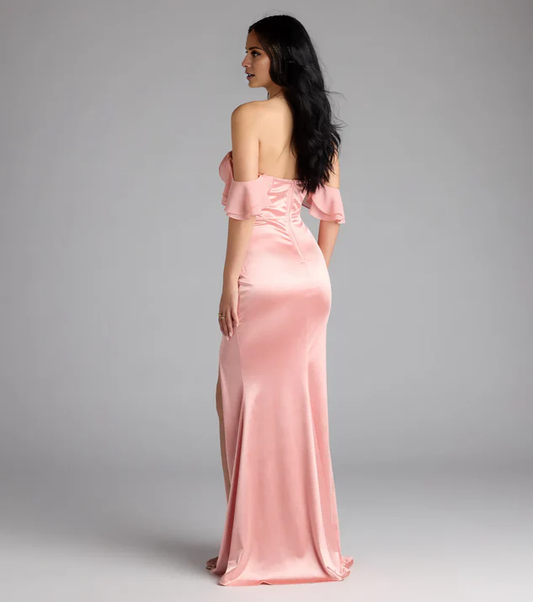 heart-shaped neckline satin side slit backless and floor length Prom dress