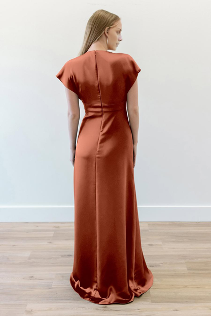 deep V-neck short sleeved back tie and floor length evening dress