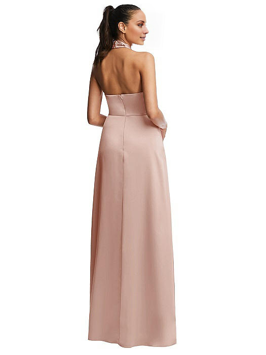 halter neck off shoulder sleeveless backless side slit and floor length Prom dress