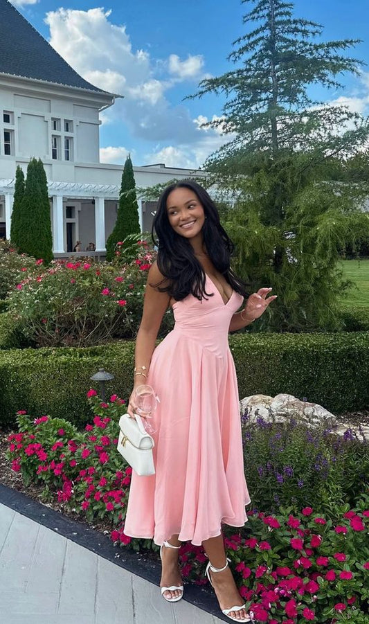 A Line Pink V Neck Evening Dresses Formal Party Dress Prom Gown