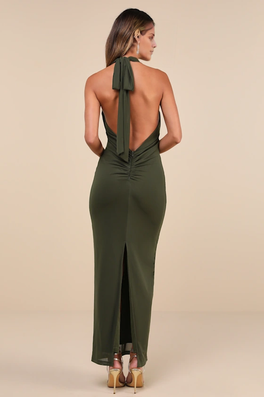 halter neckline off shoulder sleeveless backless slit and floor length evening dress