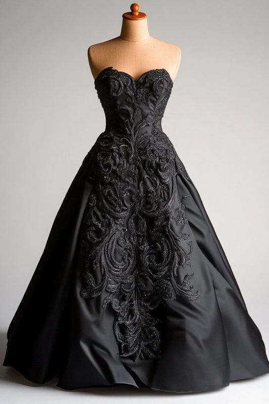 A Line Black Strapless Elegant Evening Gowns Unique Prom Dress     S7230