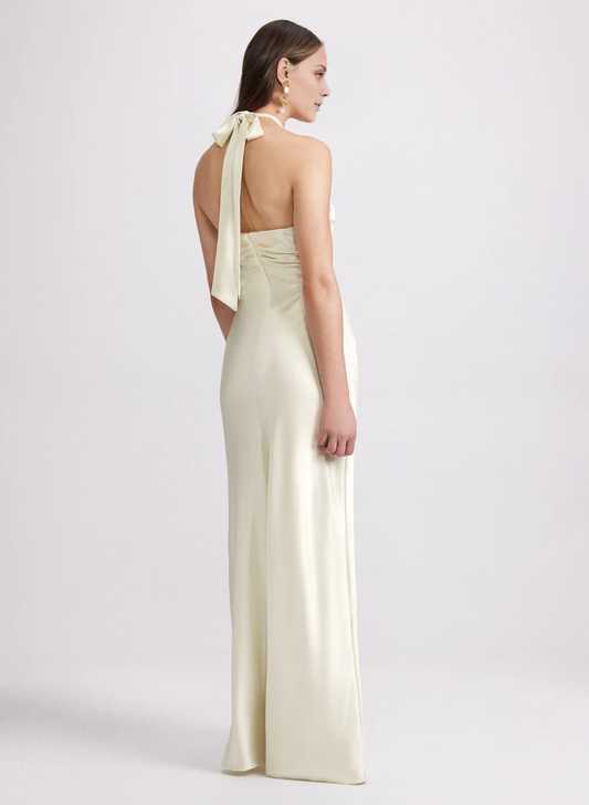 halter neckline sleeveless satin backless long Prom dress