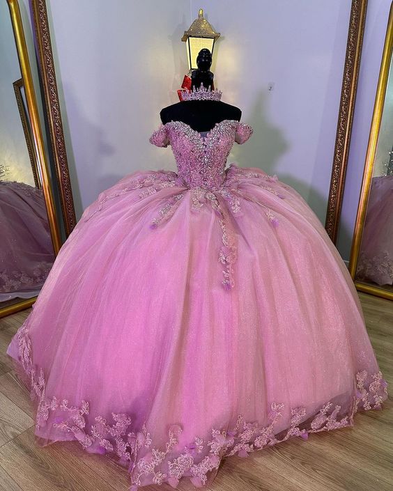 Pink Off The Shoulder Beading Crystal Quinceanera Dresses Ball Gown 3D Flowers Appliques Lace Sweet 15 Vestidos De XV Años