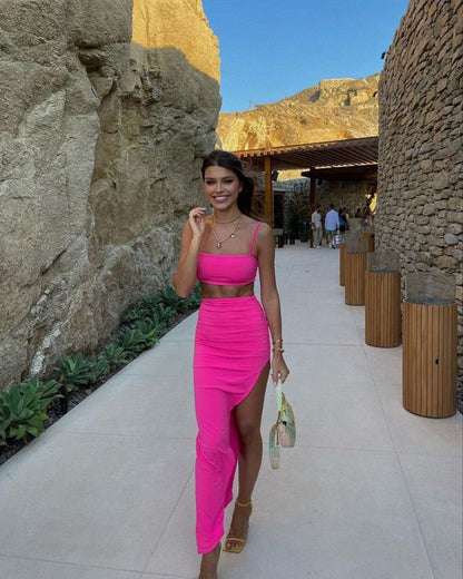 Sexy Sheath Two Piece Hot Pink Evening Gown Prom Party Dresses
