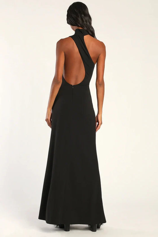 hanging neck collar off shoulder sleeveless backless side slit and floor length evening dress