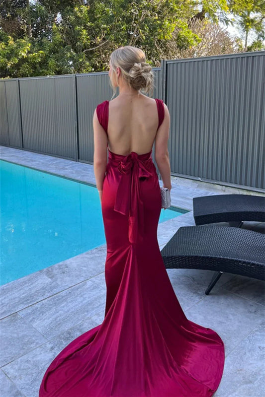 Knot Strap Wine Red Back Bow Long Dress