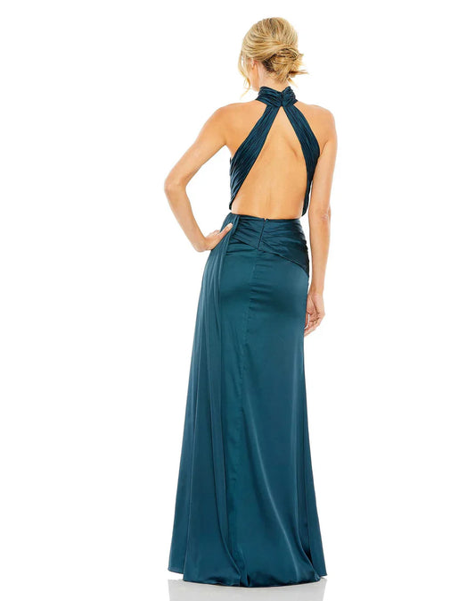 hanging neck collar off shoulder sleeveless backless side slit and floor length evening dress