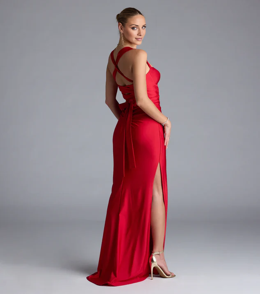 heart-shaped neckline satin backless side slit and floor length Prom dress