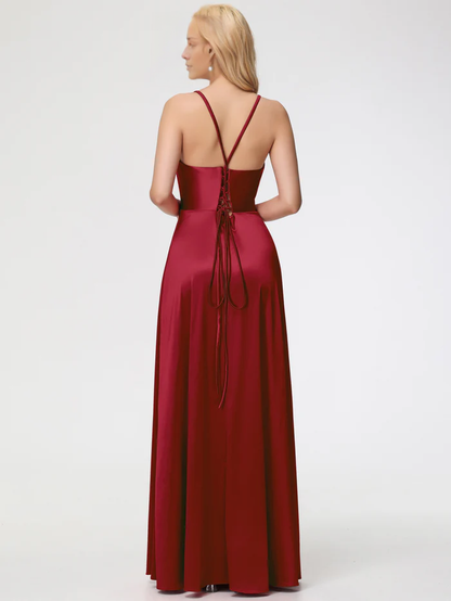 V-neck lace up back satin slit Prom dress