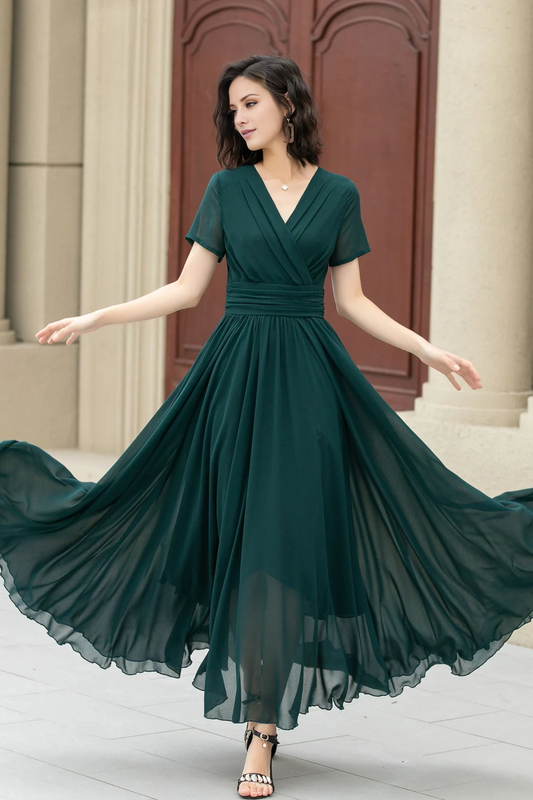 - V-neck short sleeved chiffon flowing long Prom dress