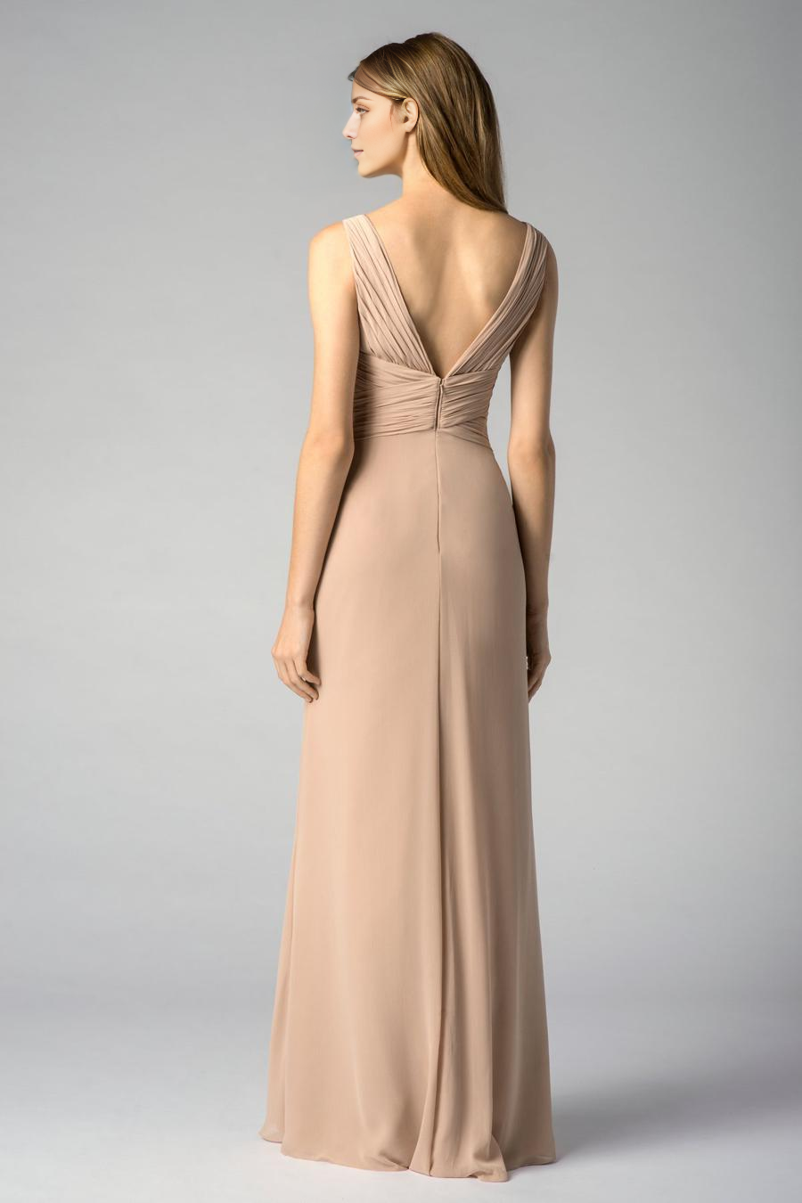 V collar off shoulder sleeveless backless pleated and floor length evening dress