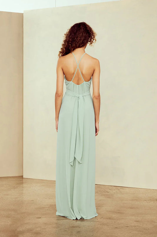 halter neckline off shoulder sleeveless backless and floor length evening dress