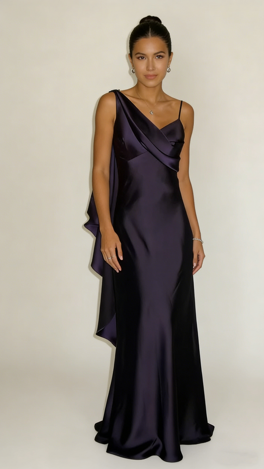 Classy V Neck Spaghetti Straps Dark Purple Satin Mermaid Long Wedding Guest Dress Formal Party Dress SP1537