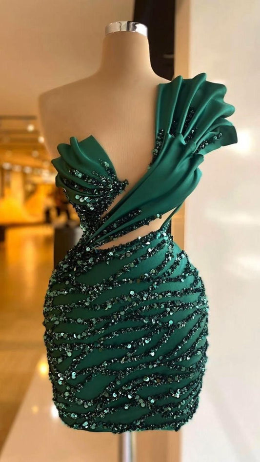 Green Sequin Evening Dresses One Shoulder Short Party Dress      S7253