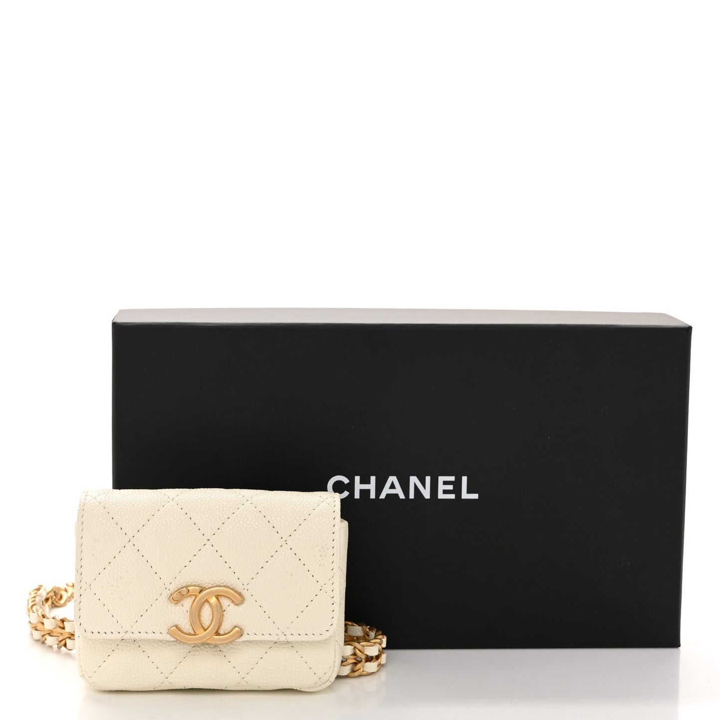 Shiny Caviar Quilted Chain Melody Belt Bag White