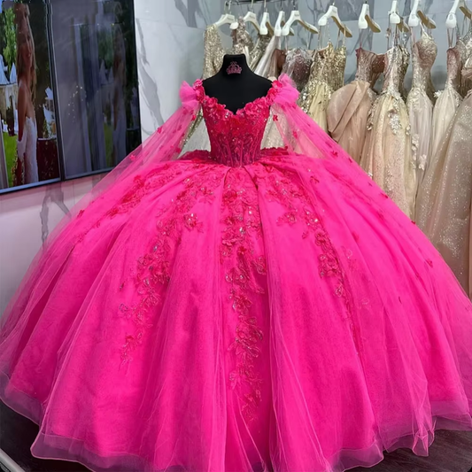3D Flower Appliques Quinceanera Dresses Luxury Beads Cape Sleeve Prom Ball Gowns Puffy Princess Dress