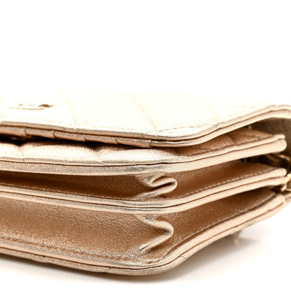 Metallic Lambskin Quilted Mini Wallet On Chain WOC Gold