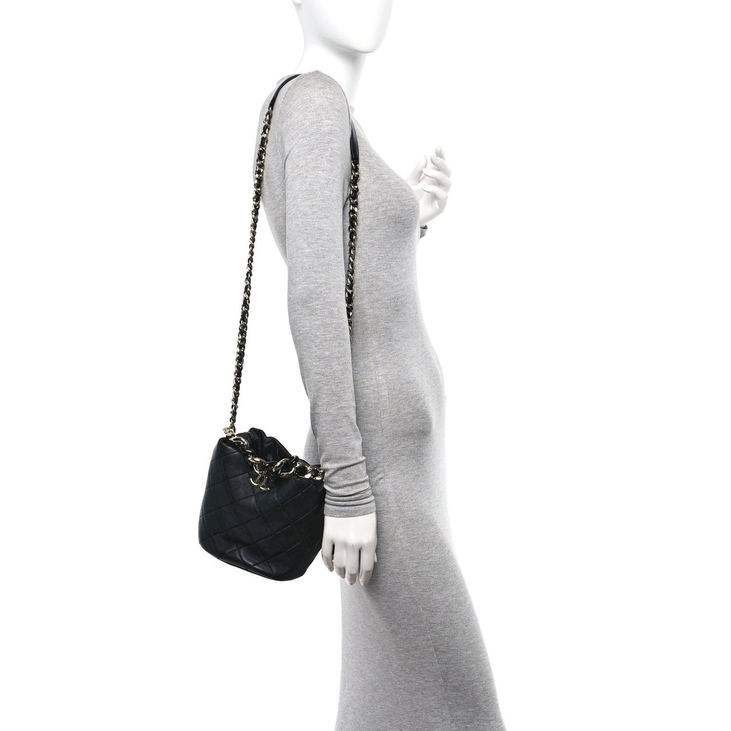 Lambskin Quilted Resin Bi-Color Chain Bucket Bag Black