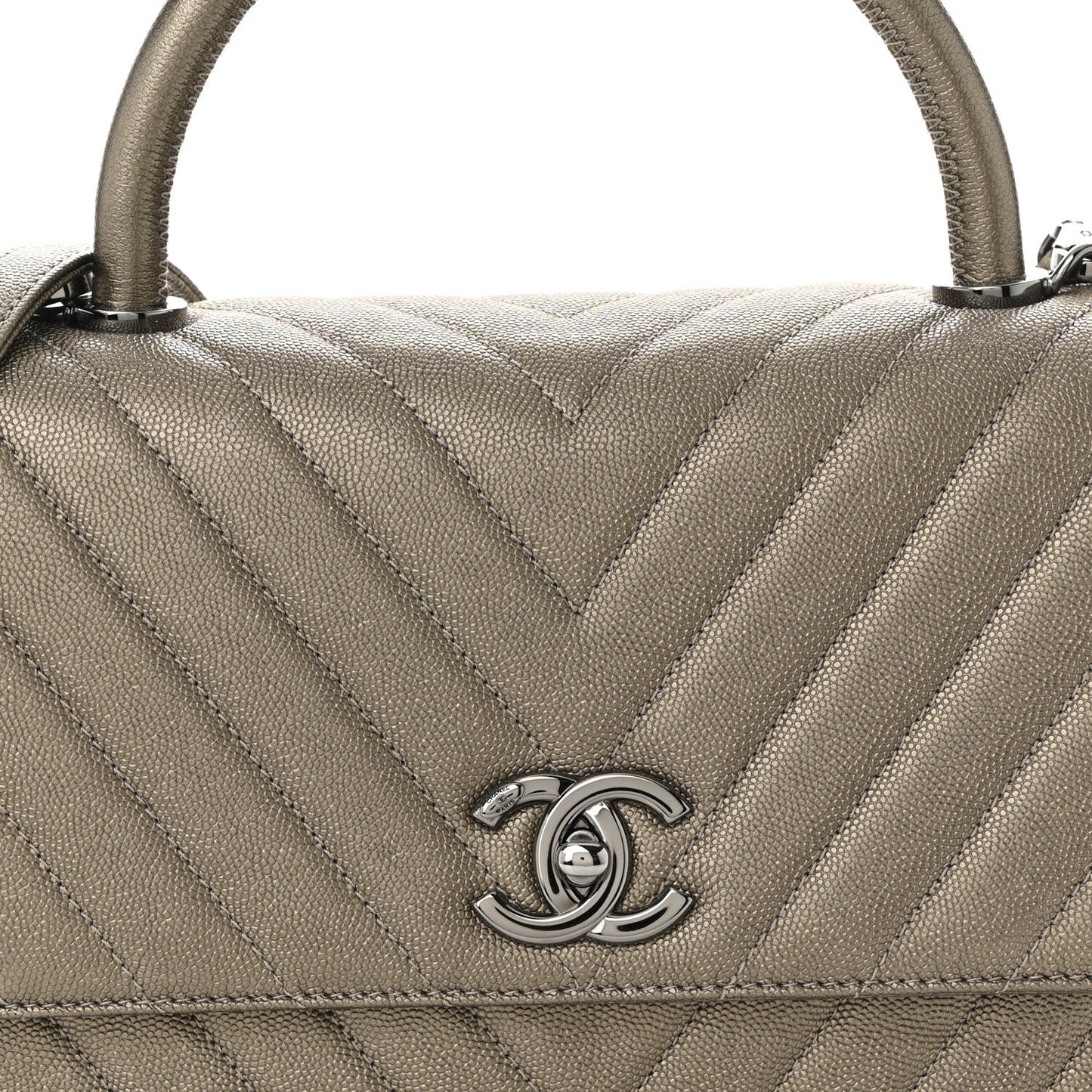 Metallic Caviar Chevron Quilted Small Coco Handle Flap Light Gold