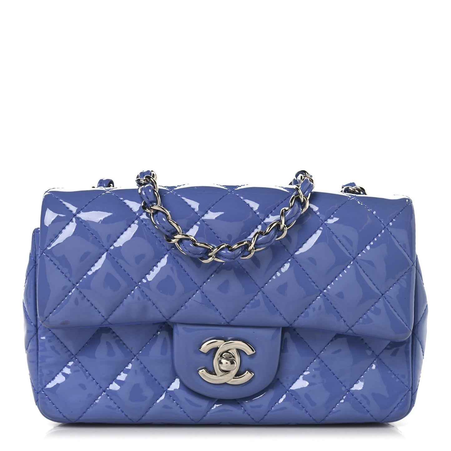 Patent Calfskin Quilted Mini Rectangular Flap Blue