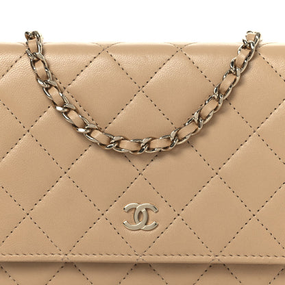 Lambskin Quilted Wallet On Chain WOC Beige