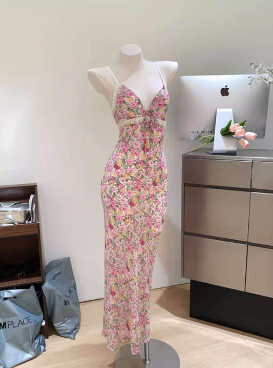 2025 floral suspender dress for women summer waist slimming seaside holiday beach long skirt R0303