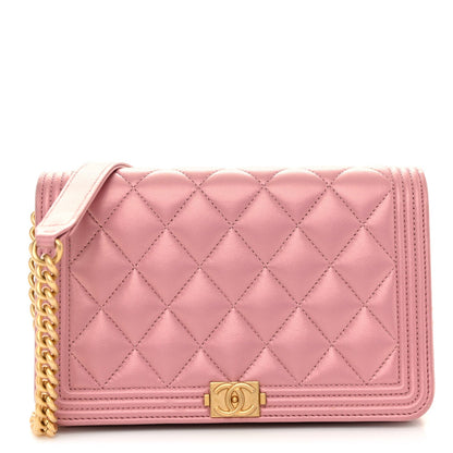 Metallic Lambskin Quilted Boy Wallet On Chain WOC Pink