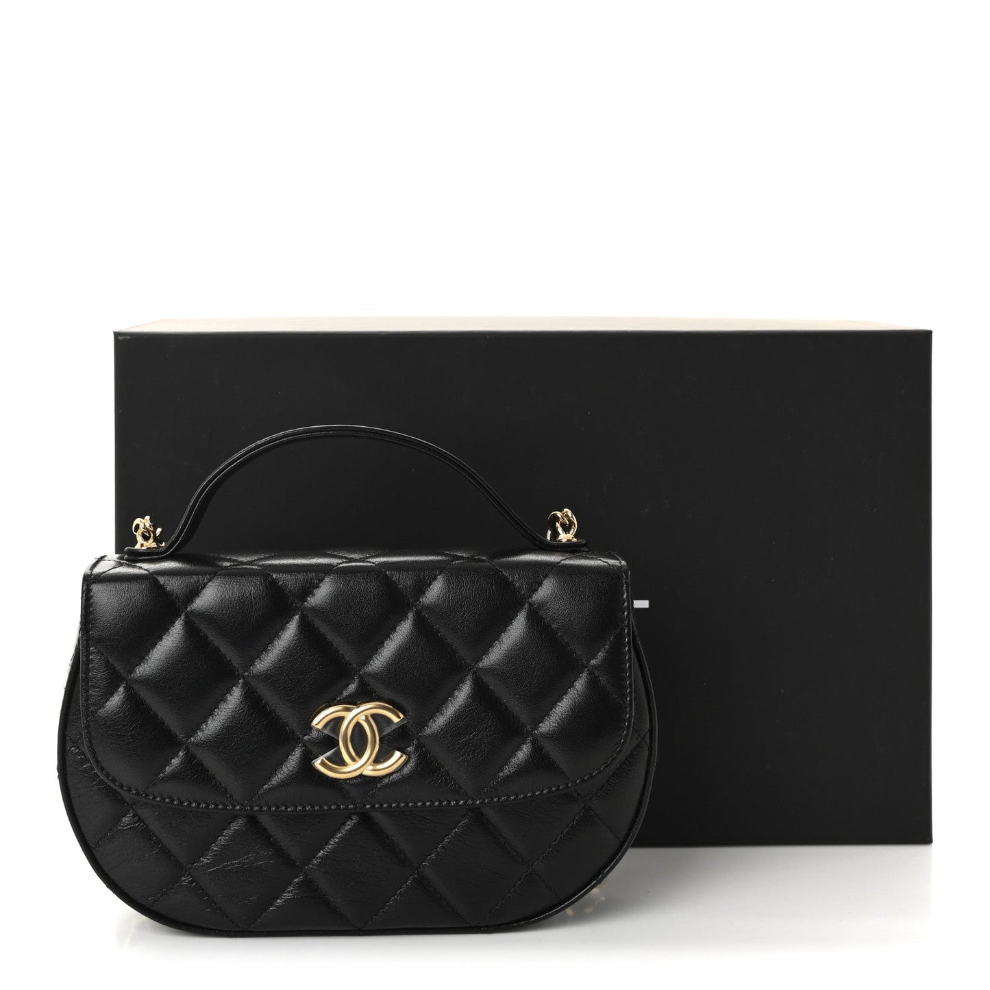 Shiny Aged Calfskin Quilted Flap Phone Holder With Chain Black