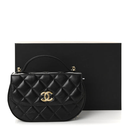 Shiny Aged Calfskin Quilted Flap Phone Holder With Chain Black